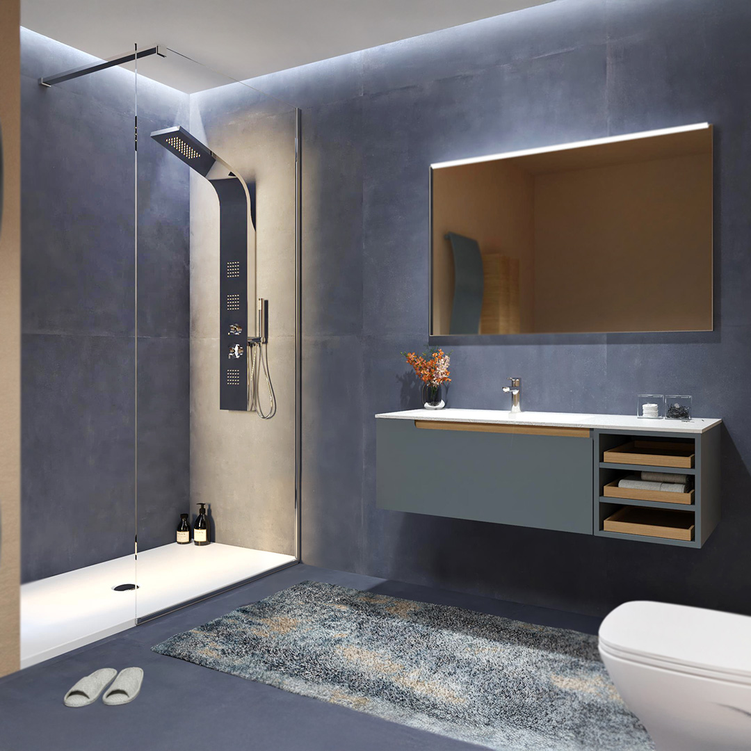 Delo blogpost tendenze bagno 2025 - bagno minimalista - Delo miscelatore Maya e colonna doccia Aurora