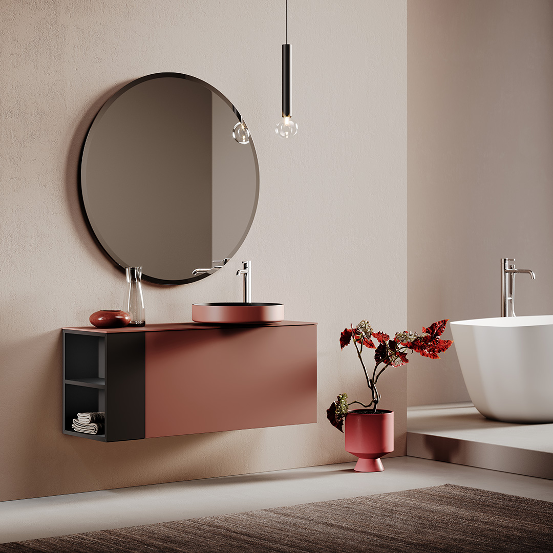 Delo blogpost tendenze bagno 2025 - bagno rosso mattone - miscelatori Delo Tonda