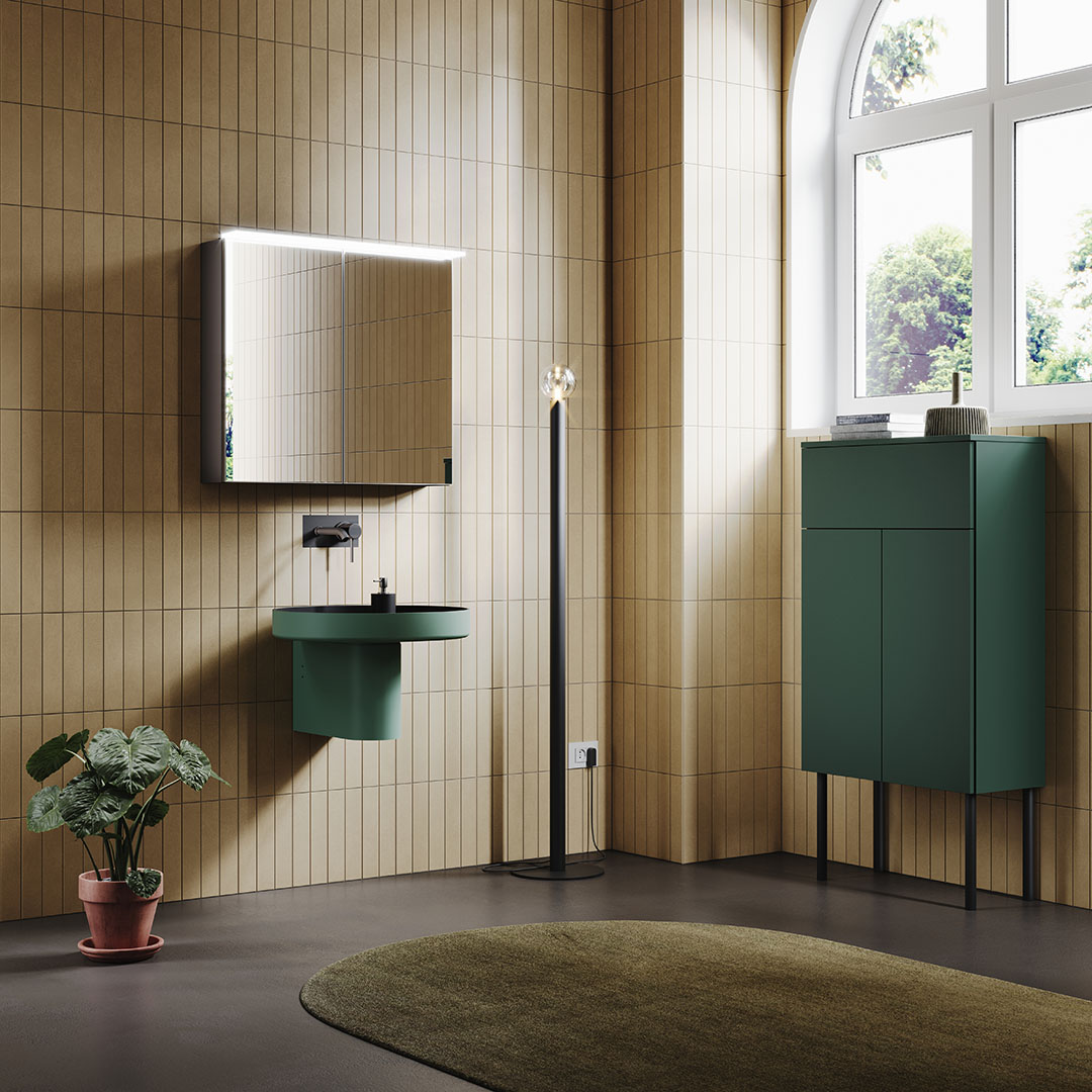 Delo blogpost tendenze bagno 2025 - bagno salvia e giallo - miscelatori Delo Tonda