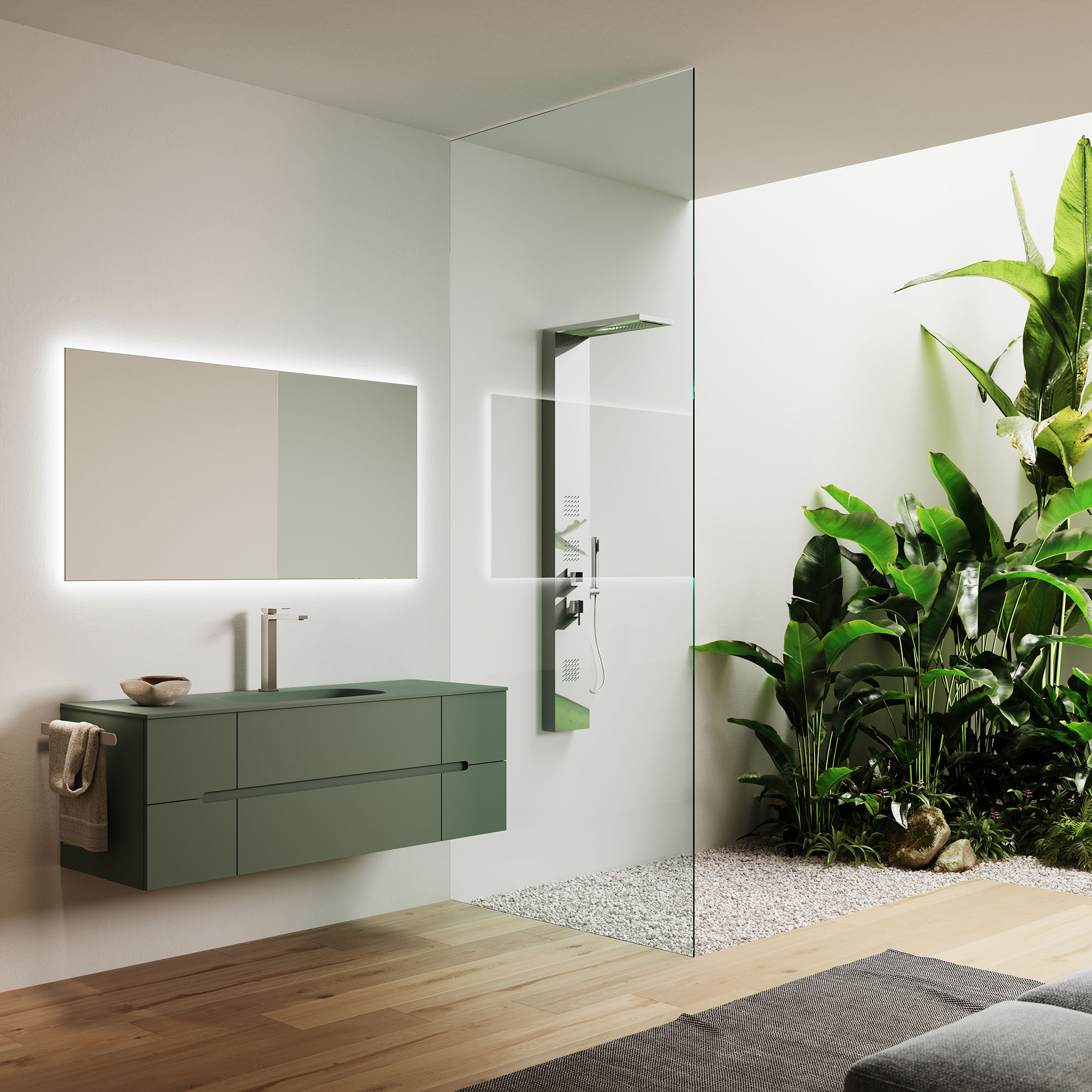 Delo blogpost - chi ha inventato la doccia - colonna doccia Delo Flora in bagno contemporaneo